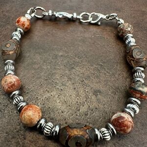 Artisan Silver and Brown Tibetan Agate Beaded Bracelet